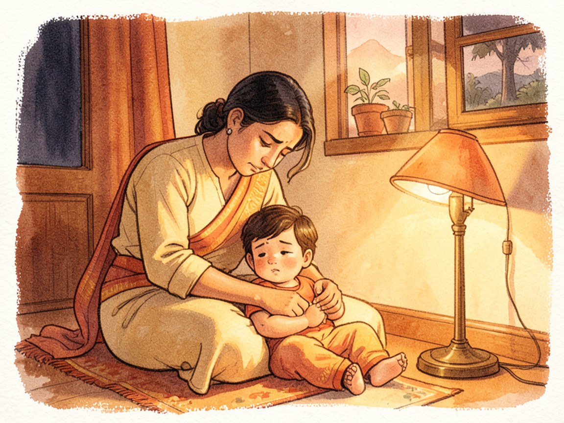 A parent sitting at the edge of a bed in a softly lit room at night, one hand resting on the covers.