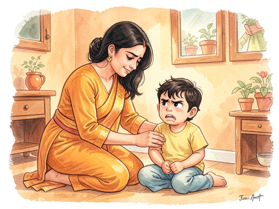 A caregiver kneeling beside a small child in a living room, staying close as the child's fists clench.