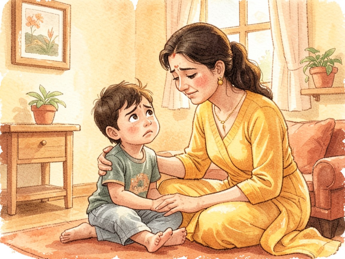 A parent sitting on the edge of a child's bed in a softly lit room, leaning close.