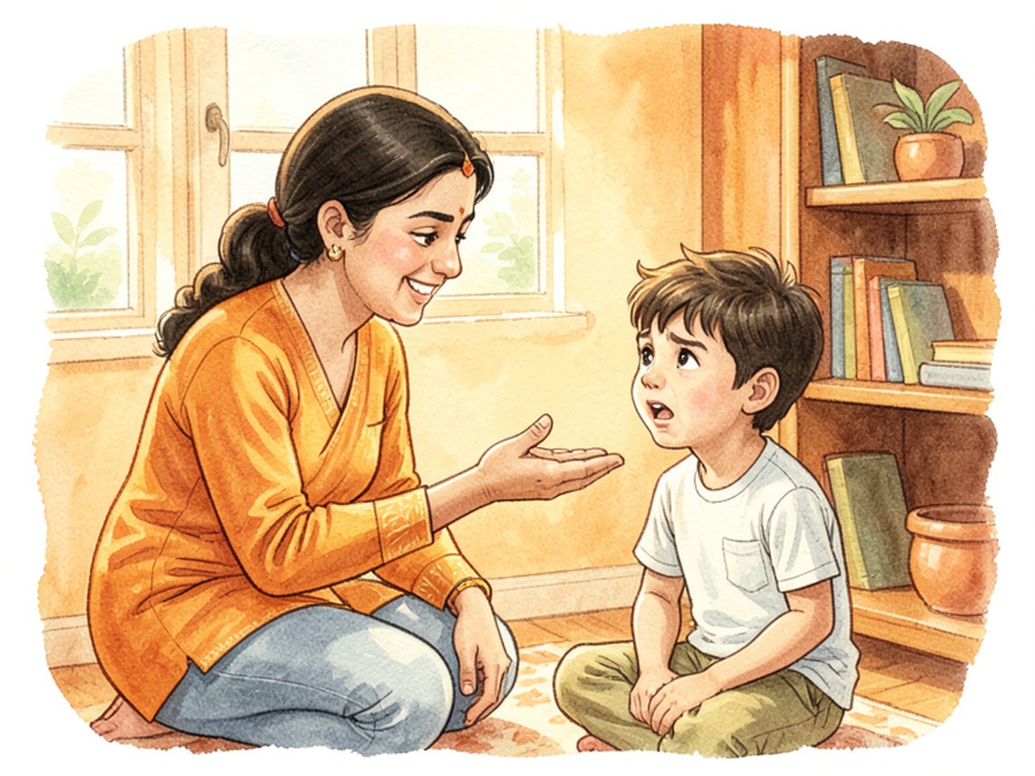 A parent and child sitting across a kitchen table mid-conversation, a speech bubble hanging between them.