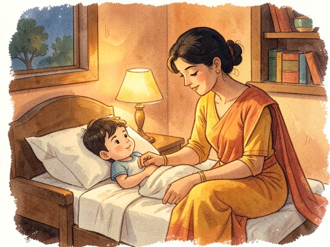 A child in bed at night with a caregiver seated at the bedside beneath a warm lamp.
