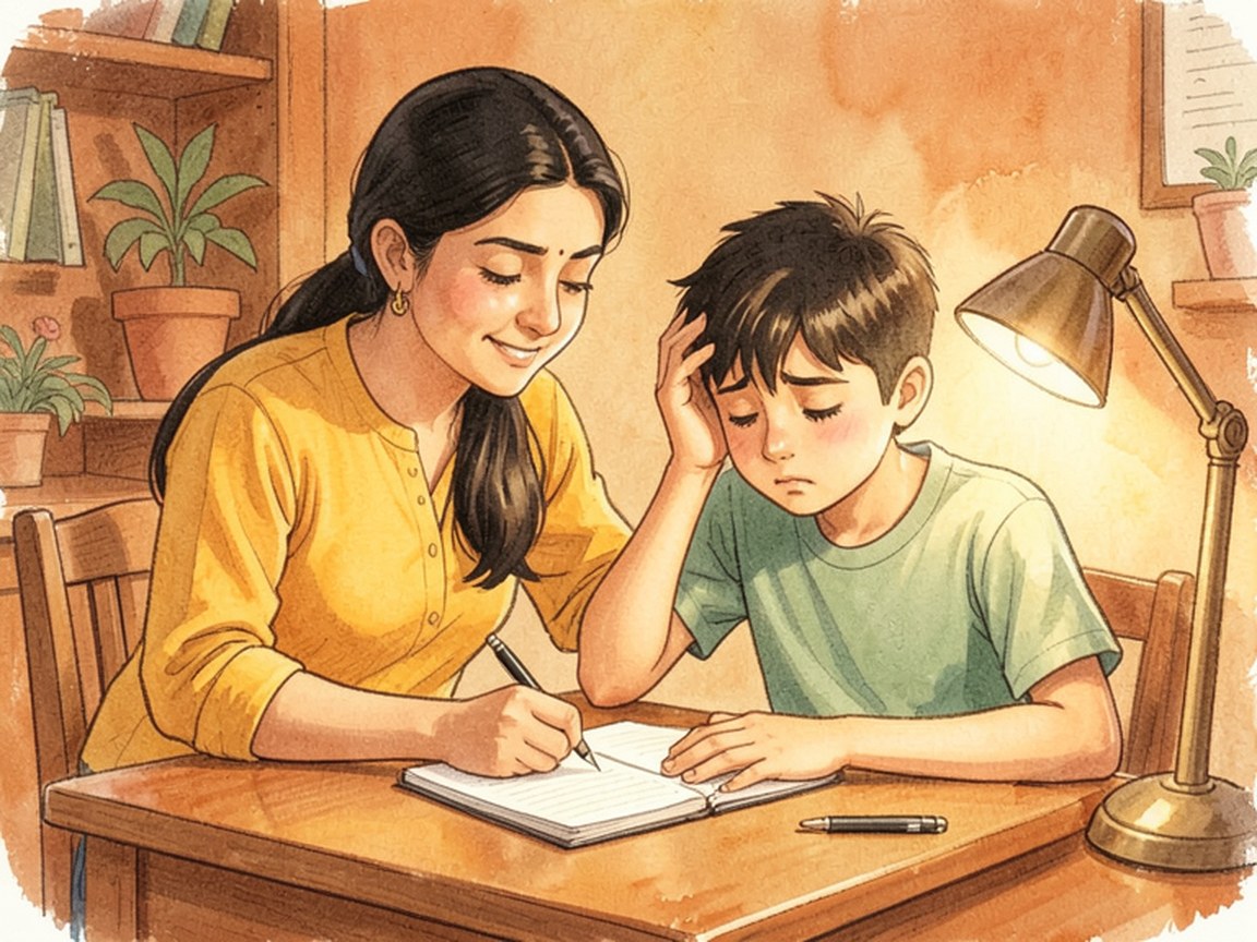 A teenager at a desk under a lamp in the evening, a parent setting down a cup of tea beside them.