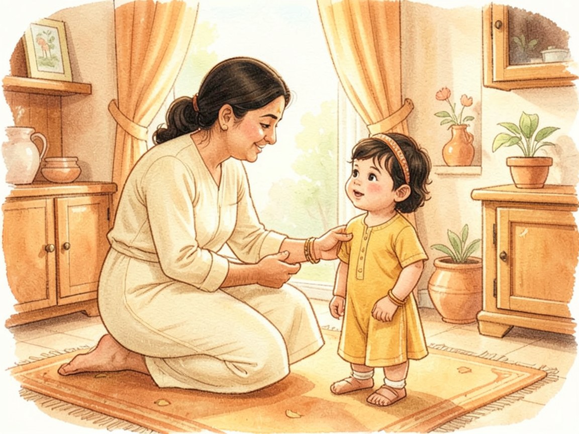 A parent and a small child side by side at home, talking quietly in an ordinary domestic room.