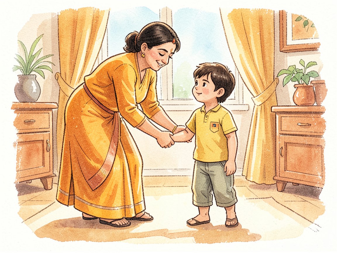 A parent kneeling in a doorway beside a small child, one hand resting gently between them.