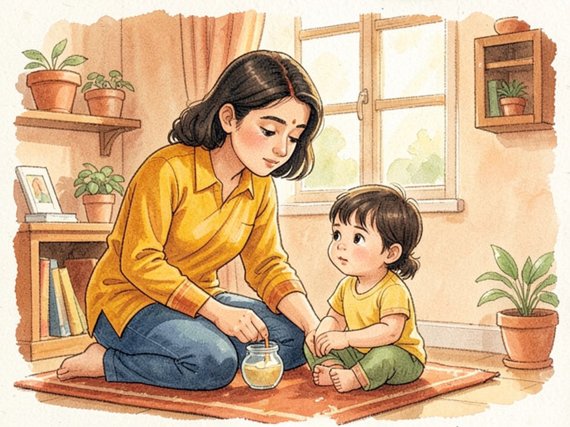 A parent and child sitting close together on the floor of a sunlit living room.