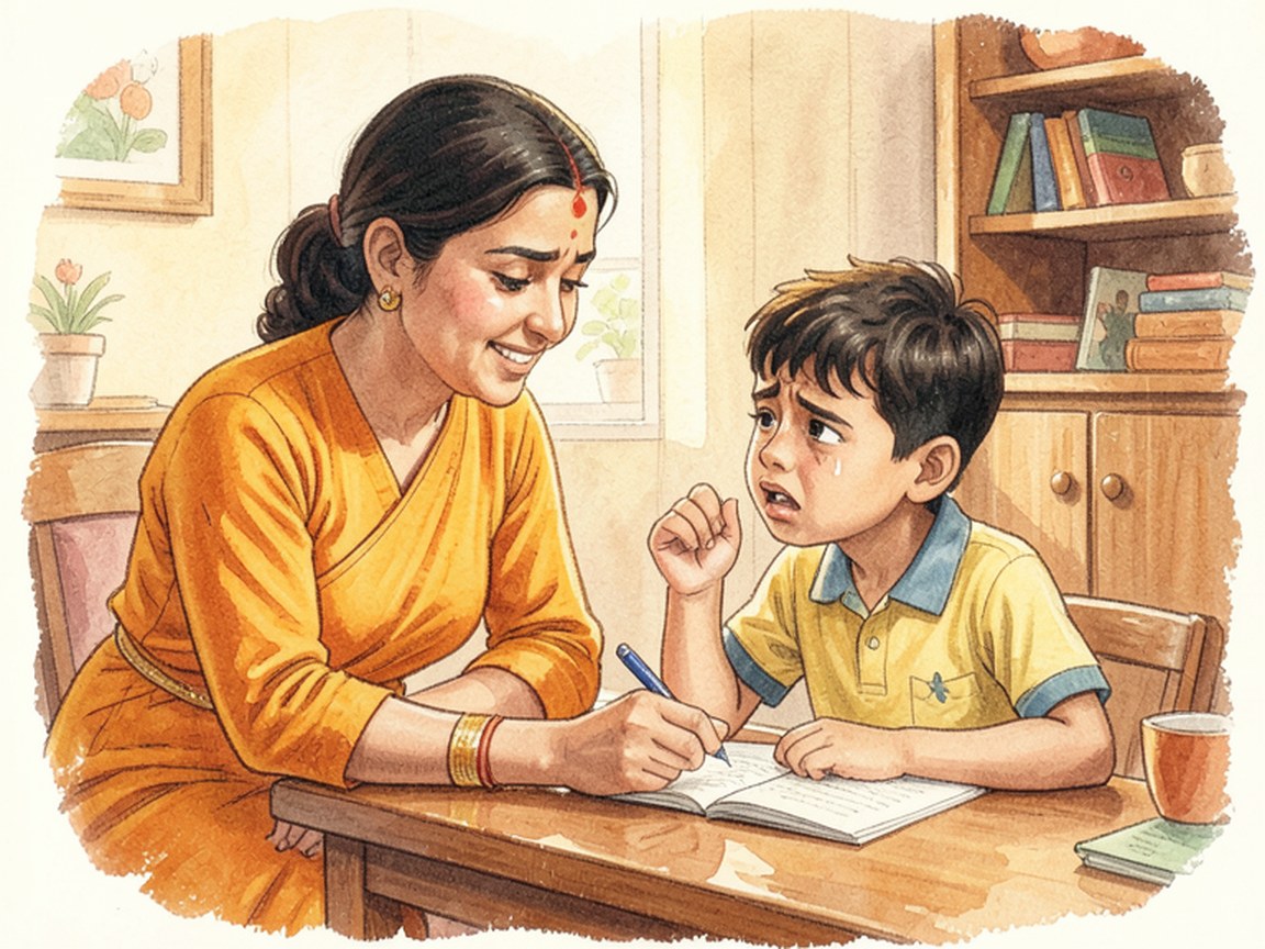 A parent and child sitting close together on a sofa at home in the evening.