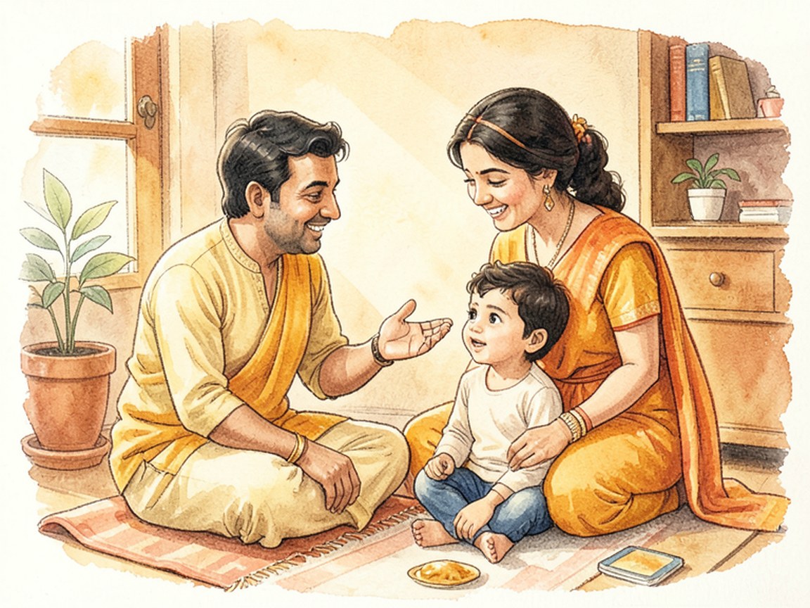 A parent and child sitting together at a kitchen table in warm evening light, talking.