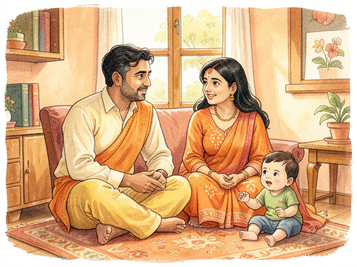 Two parents seated at a kitchen table with a child between them in the warm light of home