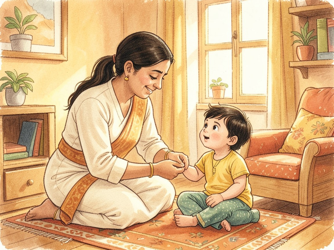 A parent and child sitting close together on the floor of a warm living room, the parent speaking gently.