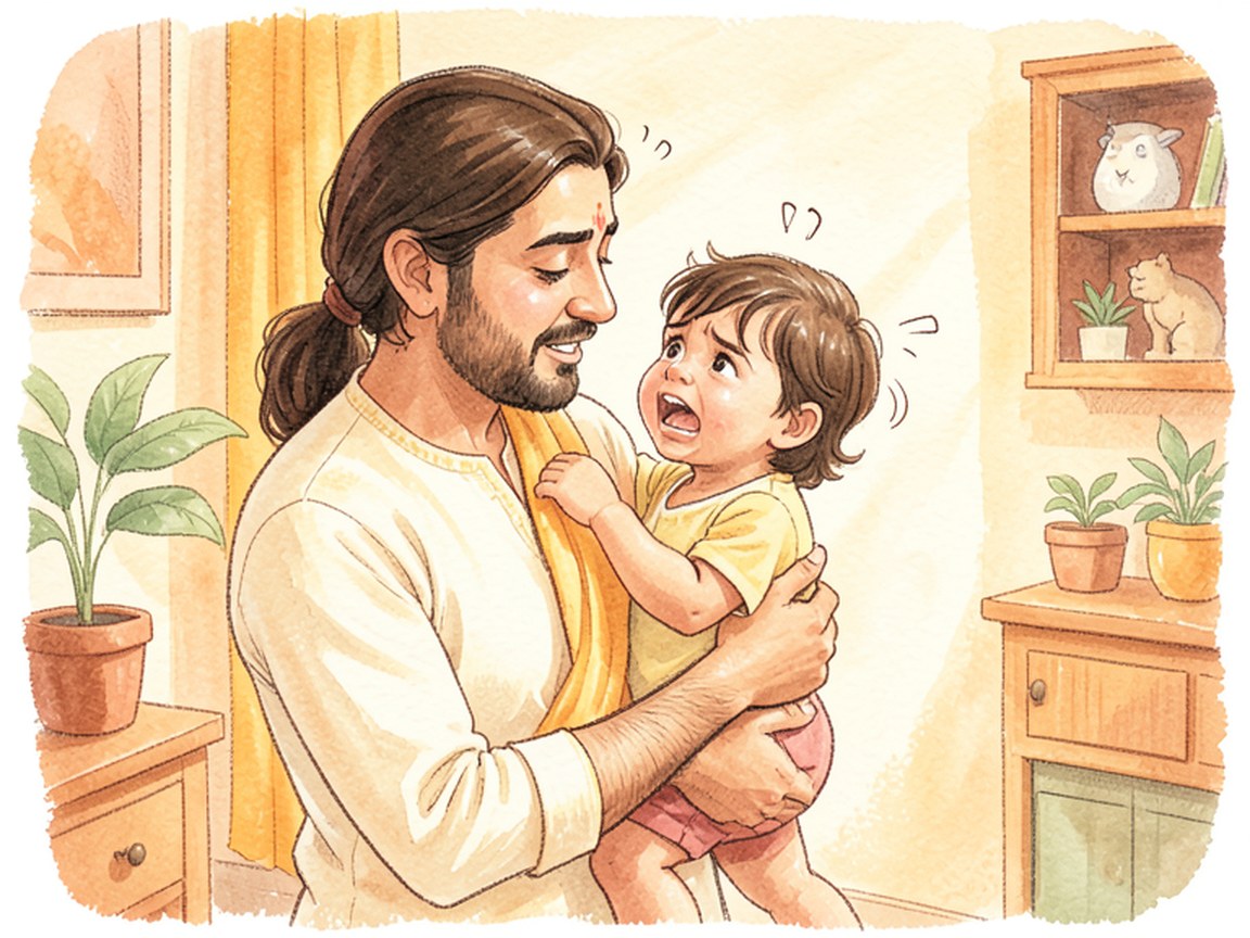 A parent sitting close on the floor beside a crying child in a living room.