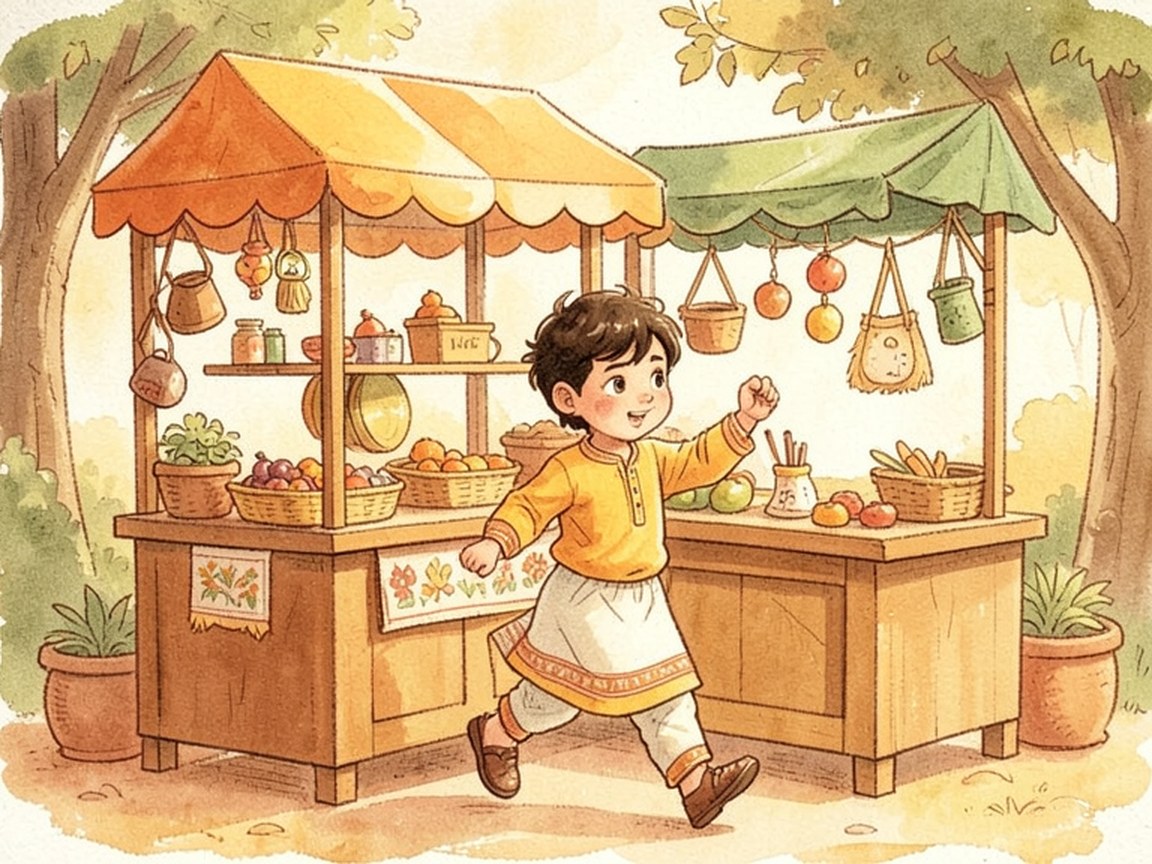 A child at a small table with a few coins and handmade items to sell, a parent watching from the doorway.