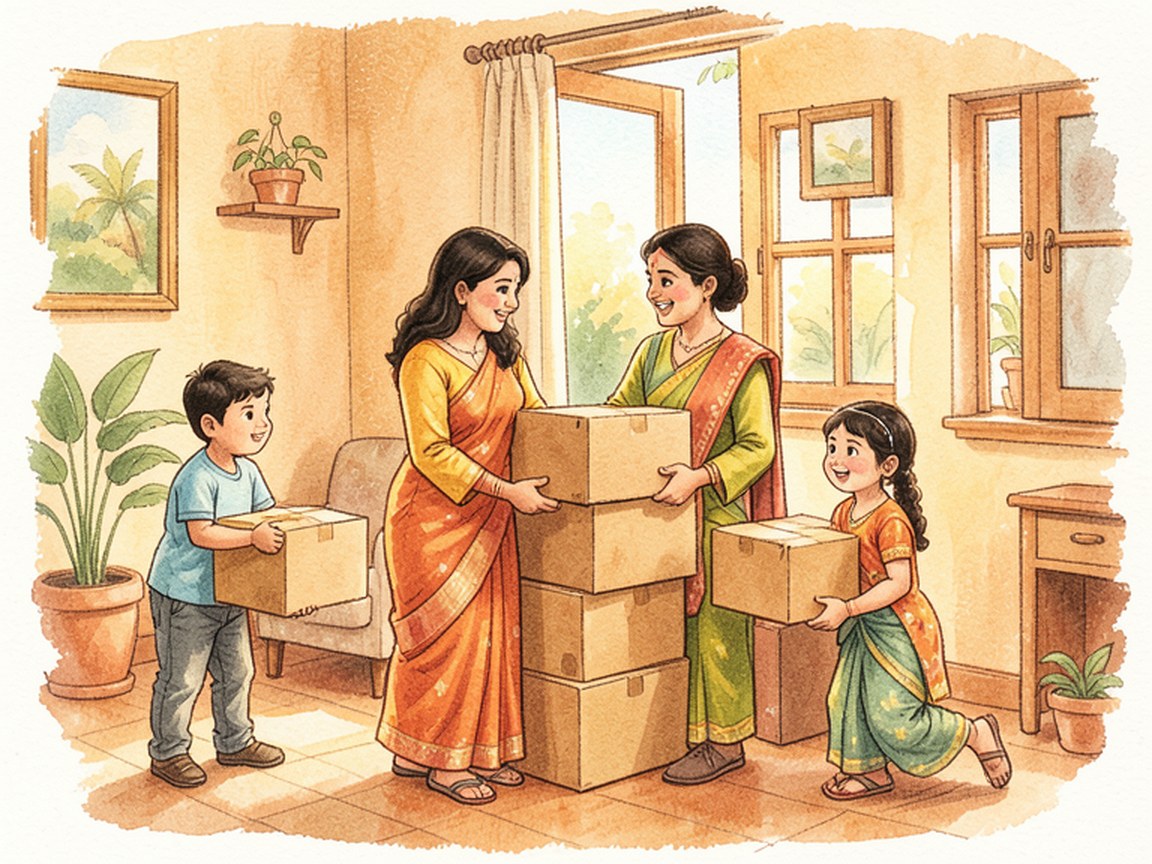 A family standing in a room half-filled with packing boxes, a child holding a soft toy.