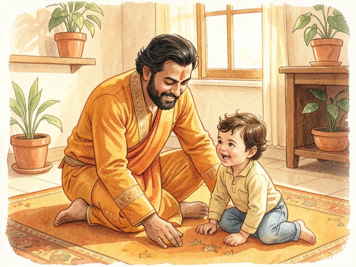 A father sitting on the floor beside his young child at home, both leaning into the same small task.