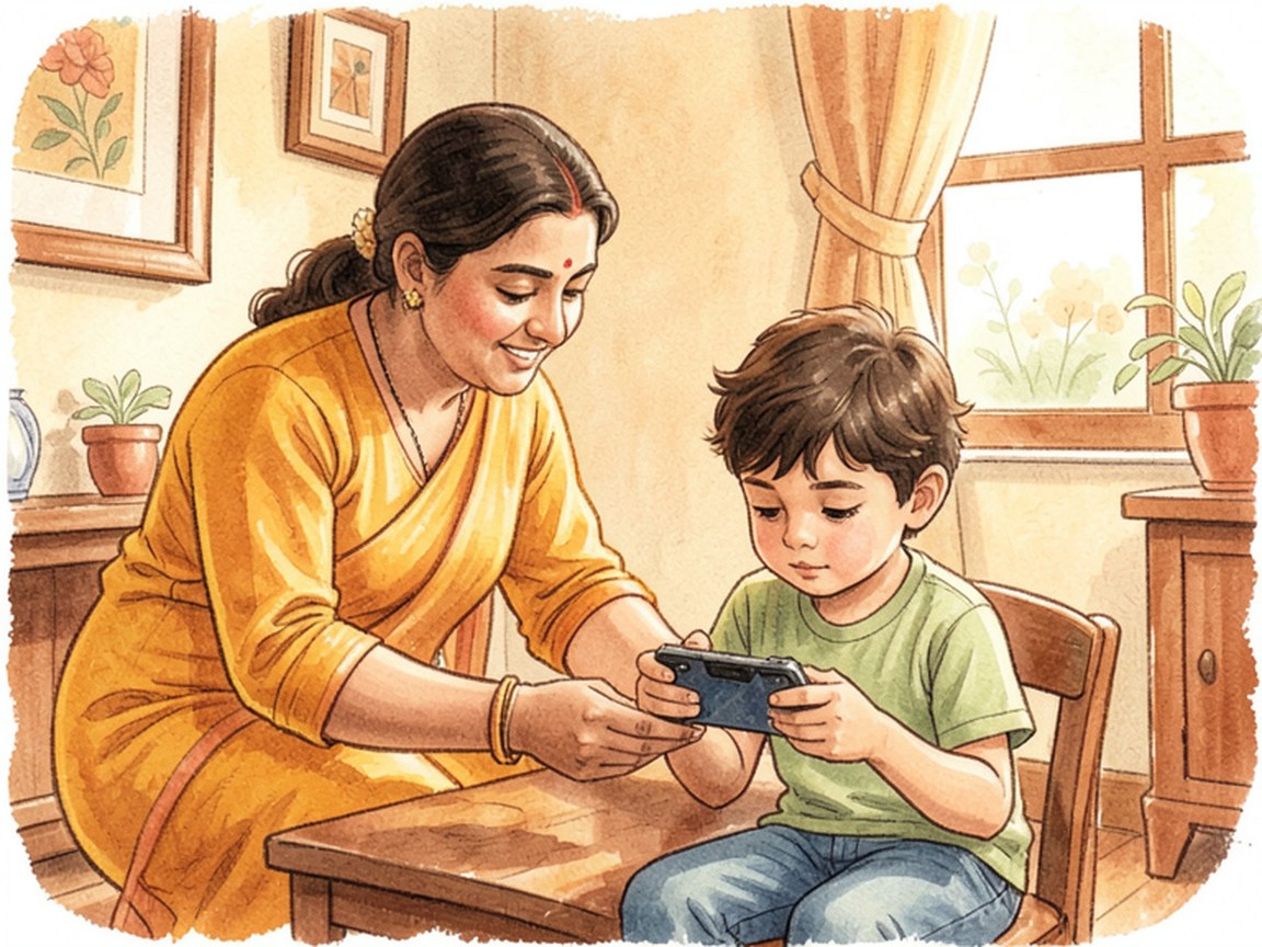 A child sitting cross-legged on a living-room floor, face lit by a glowing handheld screen, a parent standing a little way off.