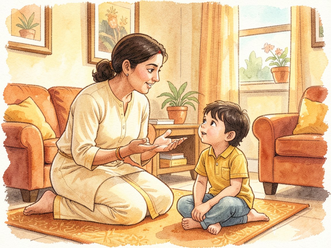 A parent crouched to eye level beside a child in a warm living room, one hand gently on the child's shoulder.