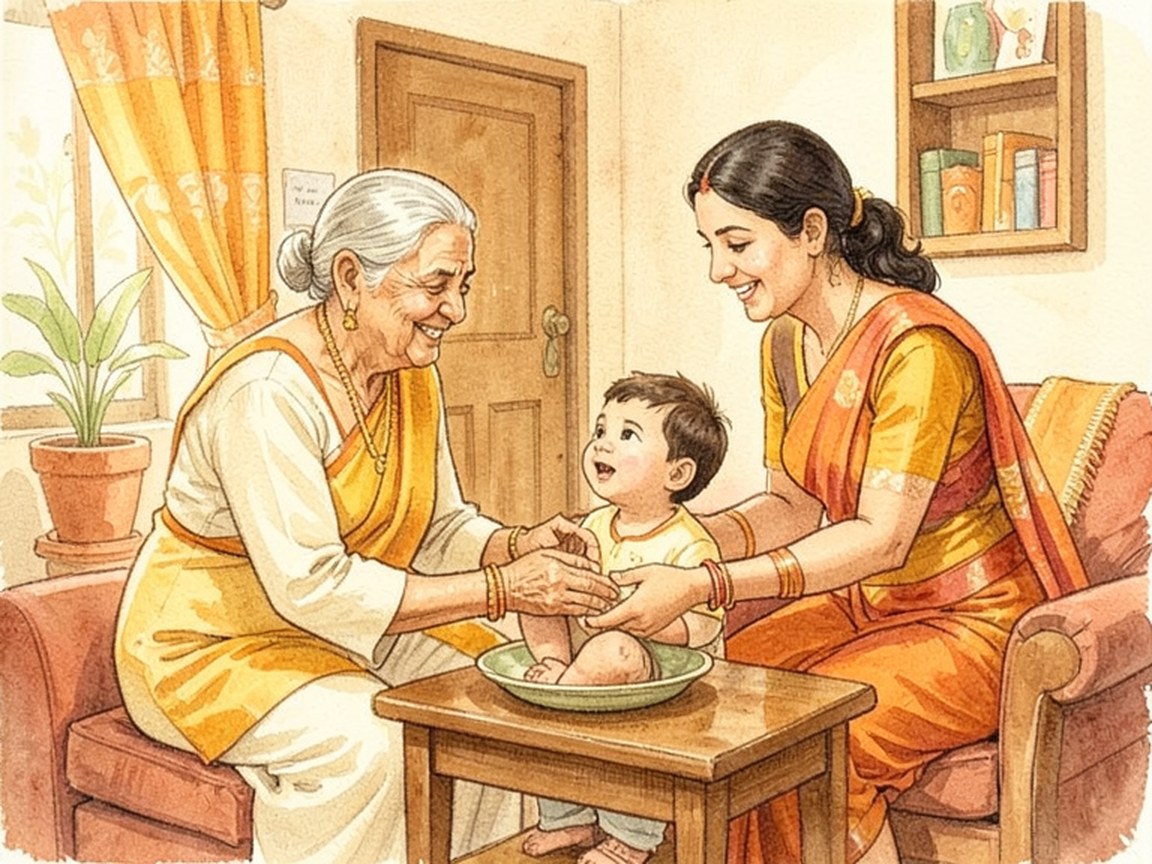 A grandparent, a parent, and a small child together in a warm living room at home.