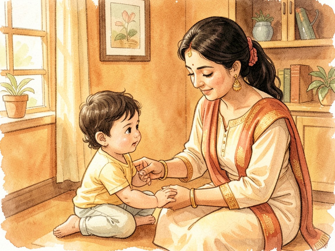A caregiver kneeling to a small child in a sunlit room, hand gently blocking a raised arm.