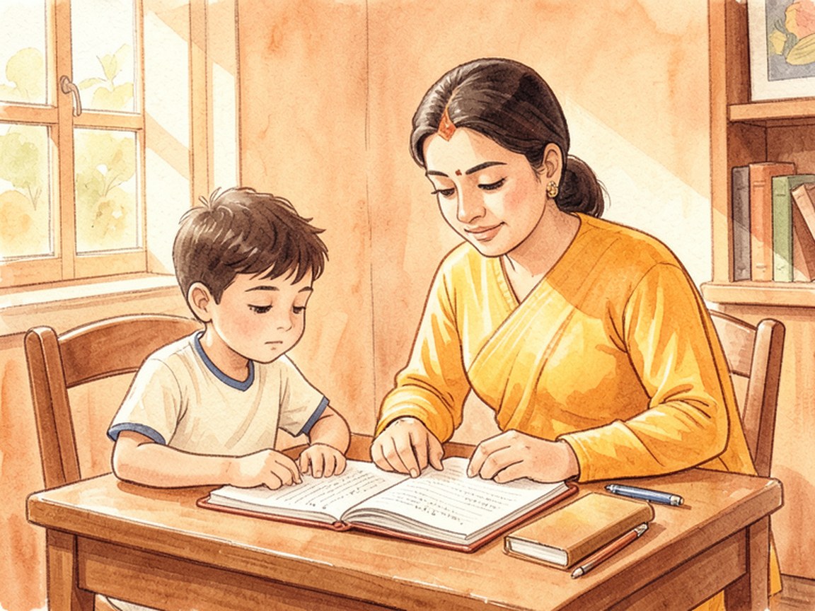 A parent and child seated together at a homework table in a warm-lit room.