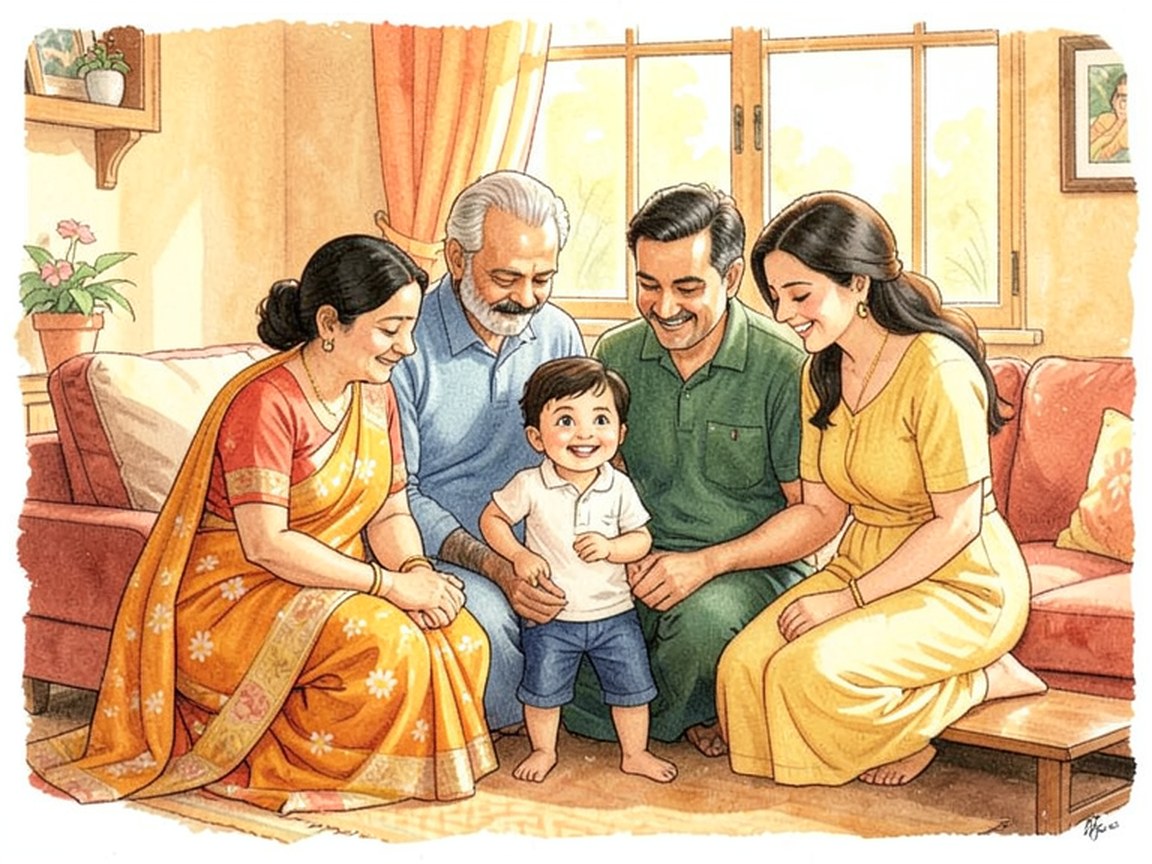 An elder reaches a sweet across a drawn line to a small child, while the parent stands a step back.
