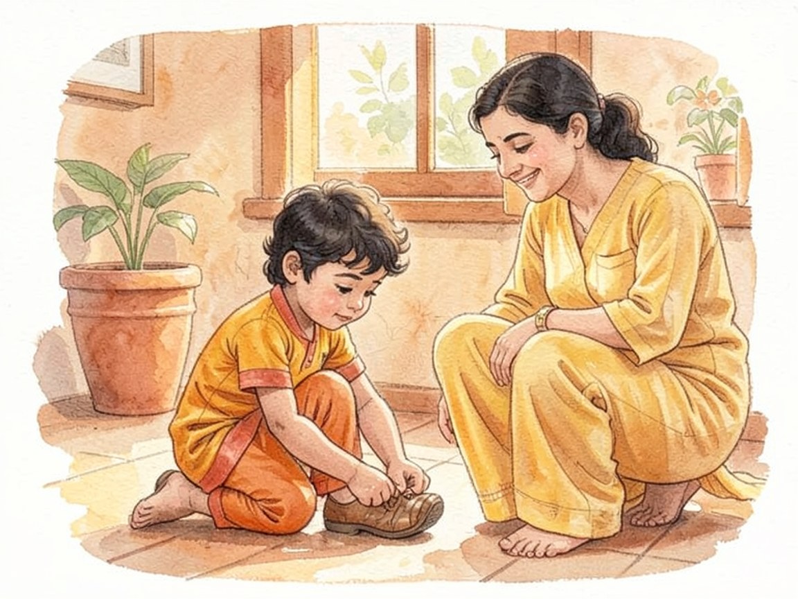 एक बच्चा रसोई में प्लेट लेकर जाता हुआ, और दरवाज़े पर खड़ा एक माता-पिता उसे देखता हुआ।