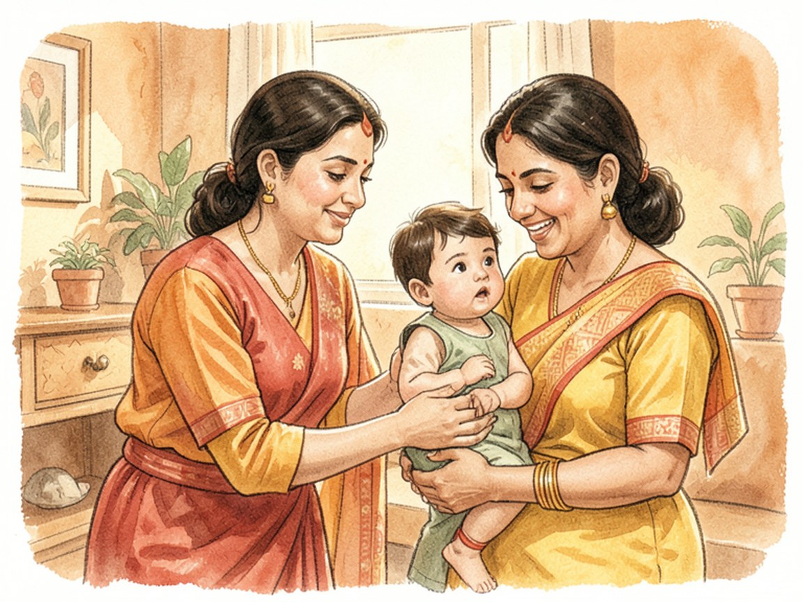 A parent and child in a warm living room while relatives gather nearby