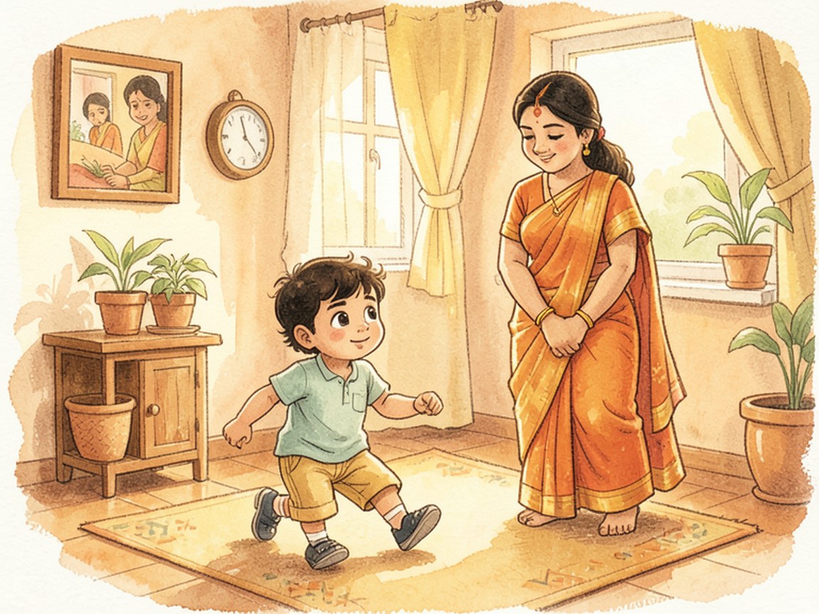 A parent and child at a kitchen table, the child holding something the parent has just handed over.