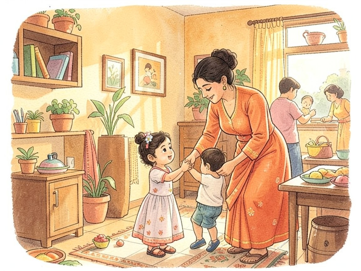 A parent and a school-bag-carrying child in a doorway of a warm home at first light, a clock on the wall behind them.