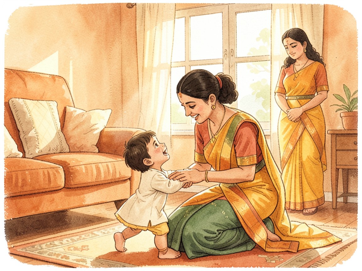 A caregiver crouches to a small child who reaches for her, while a parent stands a little apart.