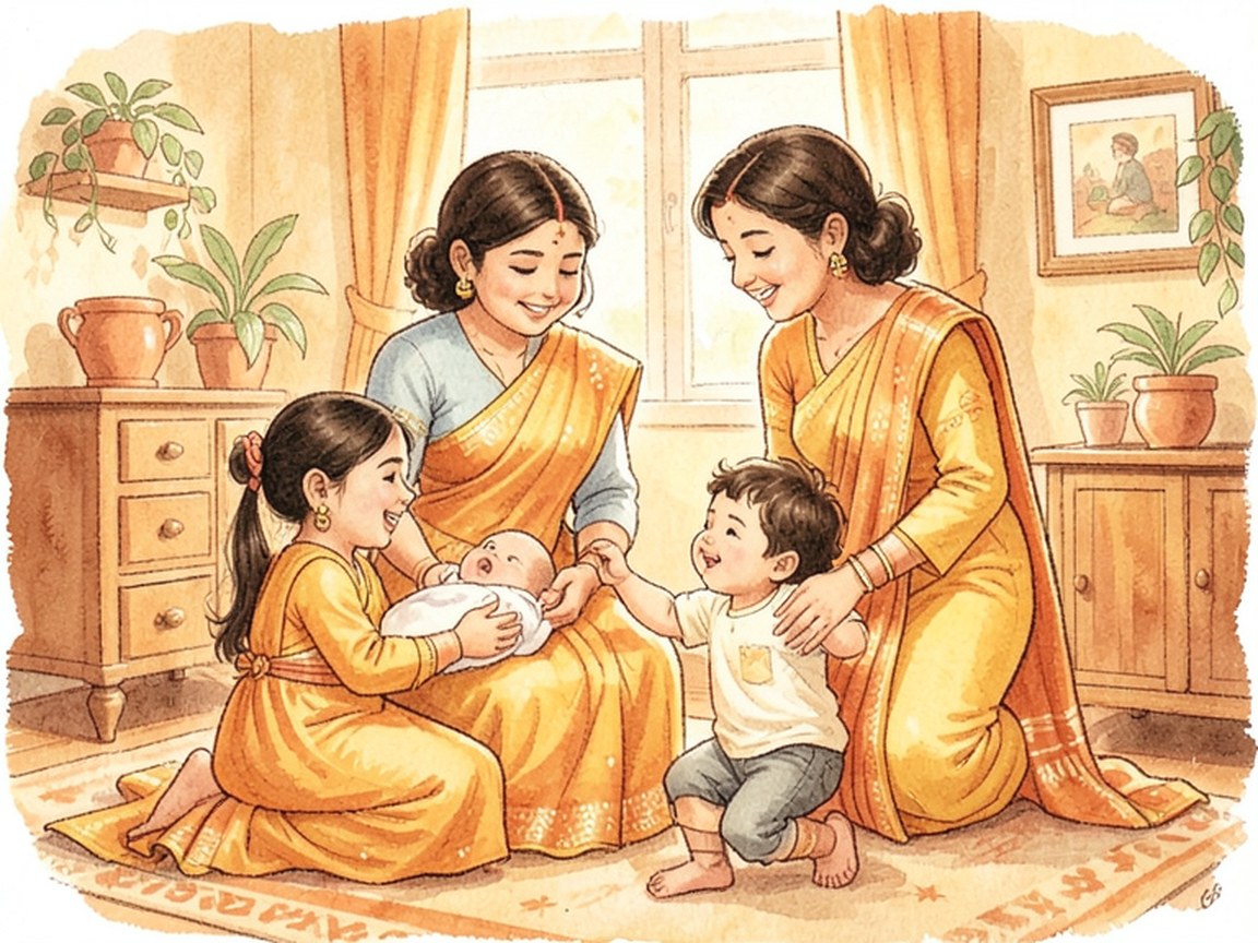 A parent sitting on the floor between an older child and a newborn in a softly lit living room.