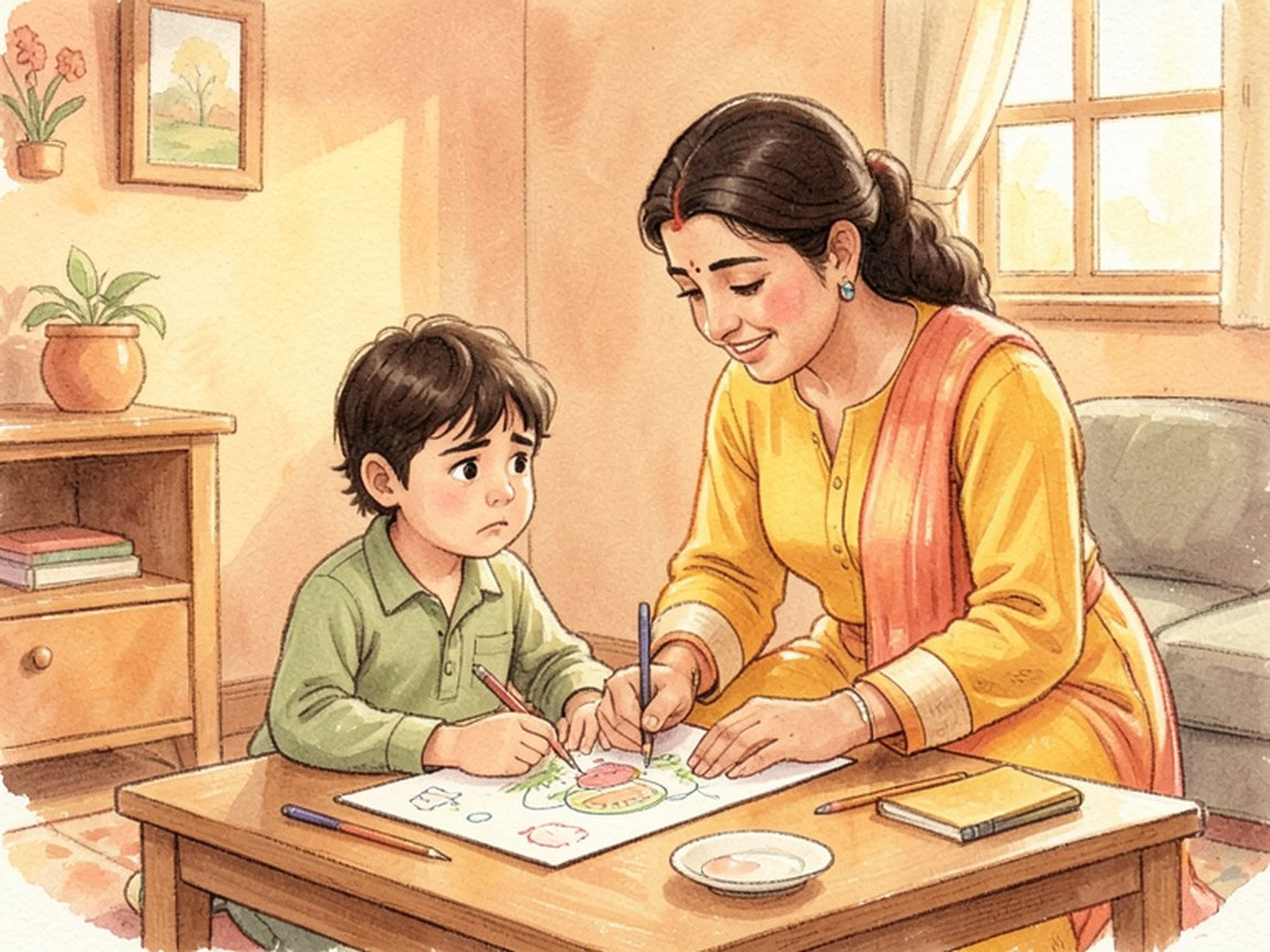 A child bent over a desk beside a crumpled sheet of paper, a caregiver seated nearby in a warm-lit room.