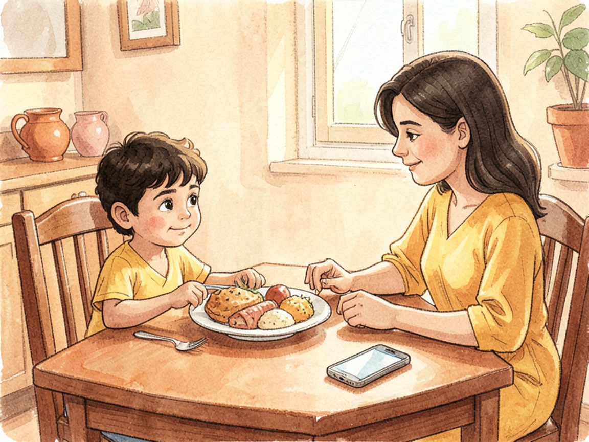 A child sits at the table with a plate, the phone set face-down and aside, an adult seated across.