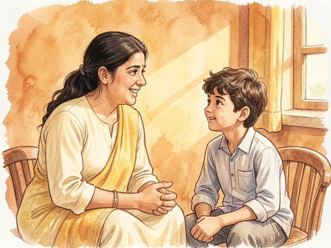 A parent and child sitting side by side on the edge of a bed in a lamplit room, mid-conversation.