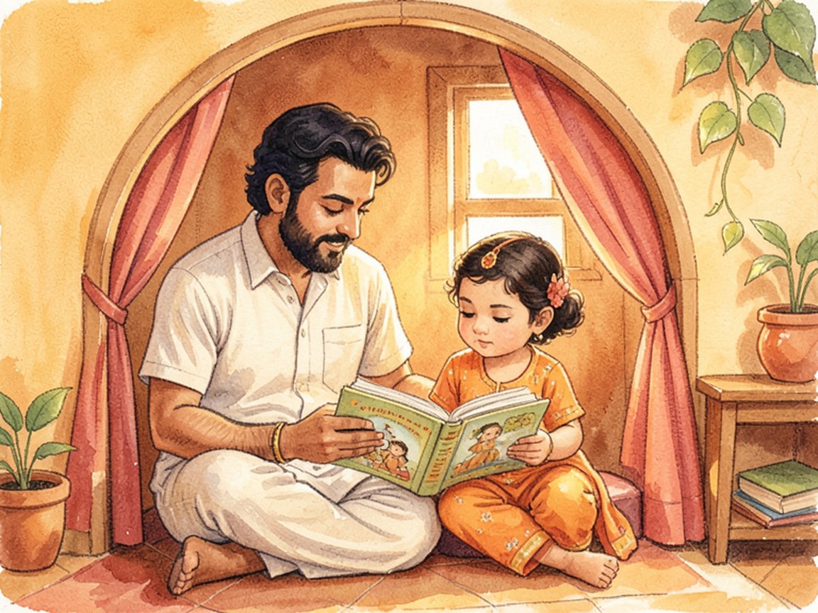एक माता-पिता और बच्चा सोफ़े पर पास-पास बैठे, दीये-सी रोशनी वाले गर्म कमरे में एक खुली किताब साझा करते हुए।
