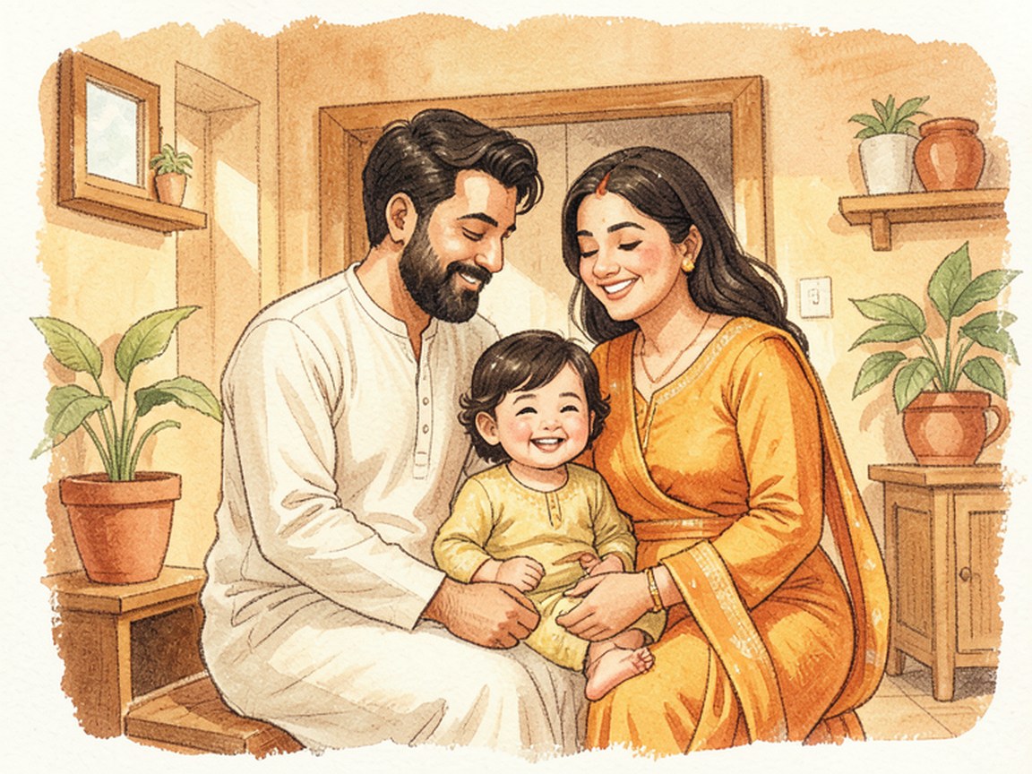 A single child and a parent together in a warm, lamp-lit living room at home.
