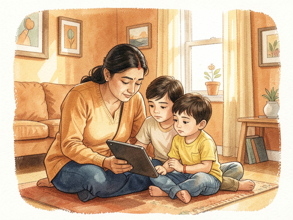 A parent and child sitting side by side at a kitchen table, a glowing tablet between them, both leaning in to look at it together.