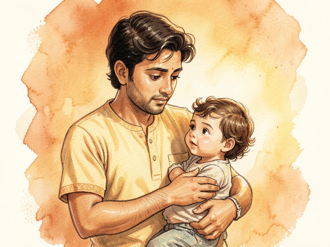 A parent sitting on the floor of a child's room, a younger version of themselves seated quietly beside them in the same posture.