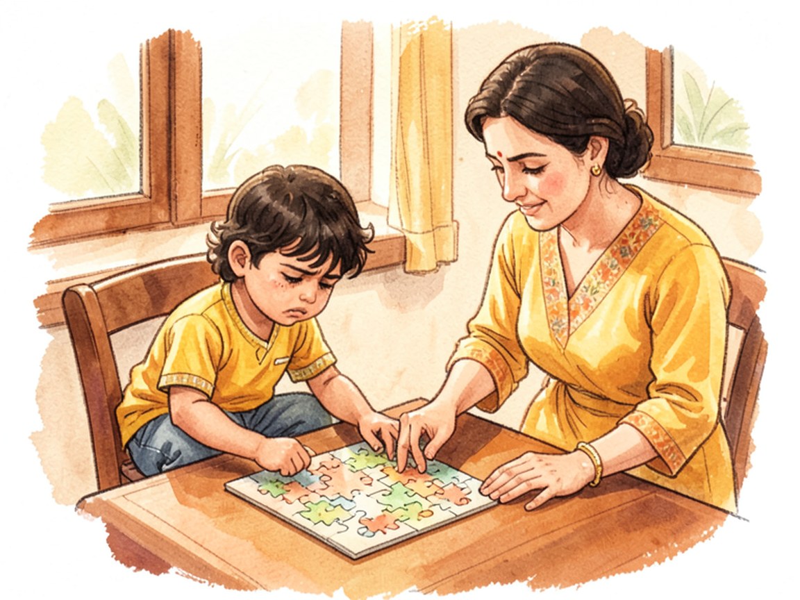 A parent sitting calmly on the floor beside a child working at a puzzle, hands resting still in their lap.