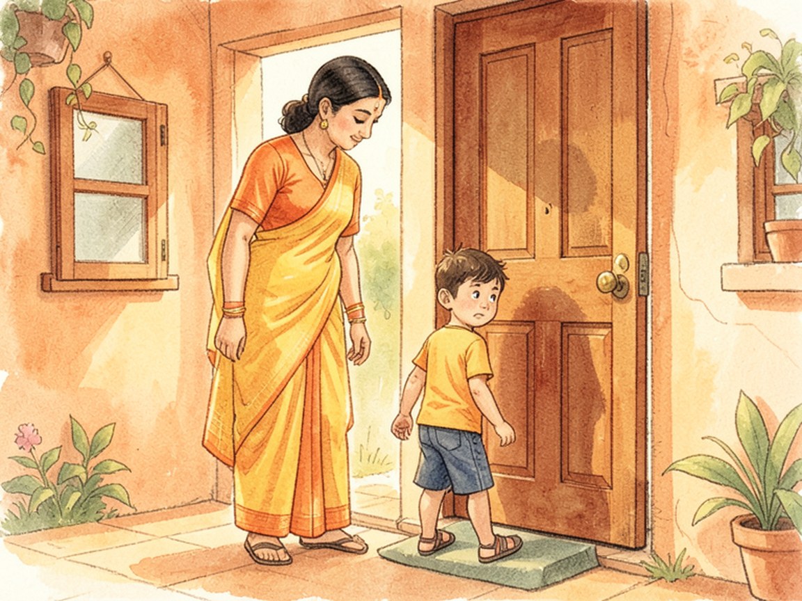 स्कूल यूनिफ़ॉर्म में एक बच्चा सुबह खुले दरवाज़े पर ठिठका हुआ, और उसके पास घुटनों के बल बैठा एक माता या पिता।