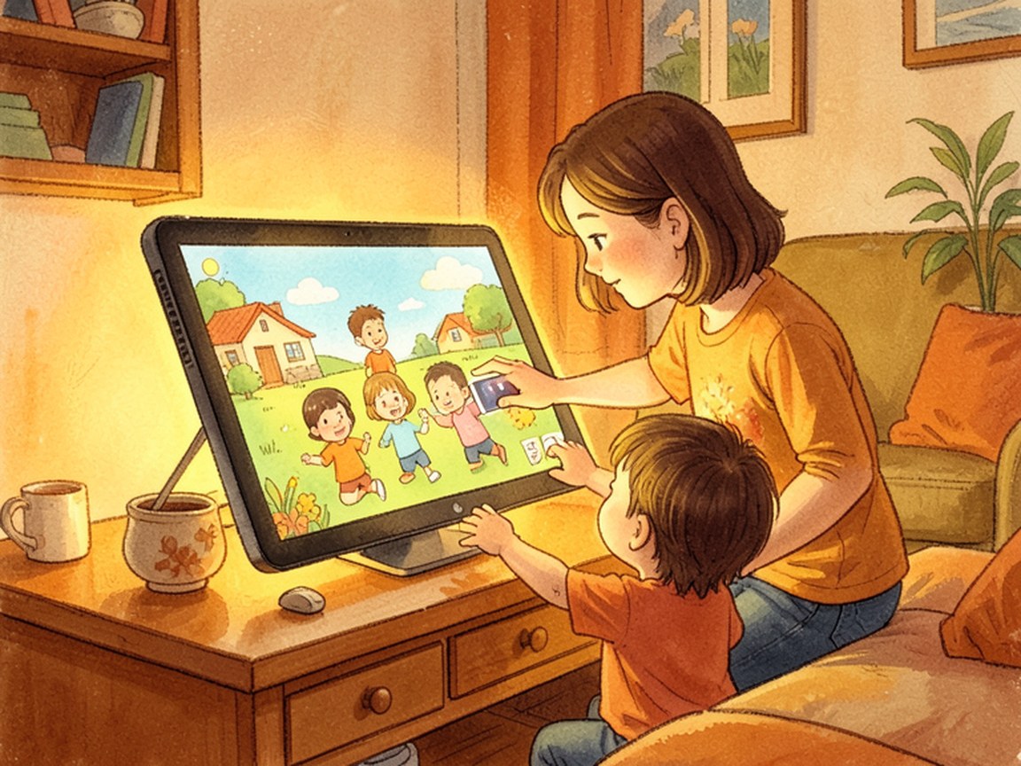 A tablet dims as an adult gently leads a child away; the child still reaches back toward the screen.