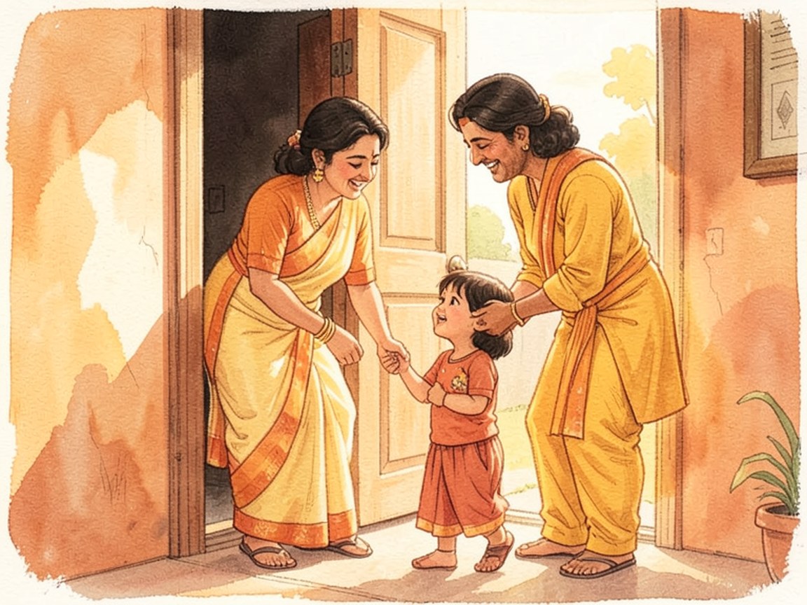 A parent crouched at an open front door giving a small child a hug goodbye, morning light falling across the hallway.