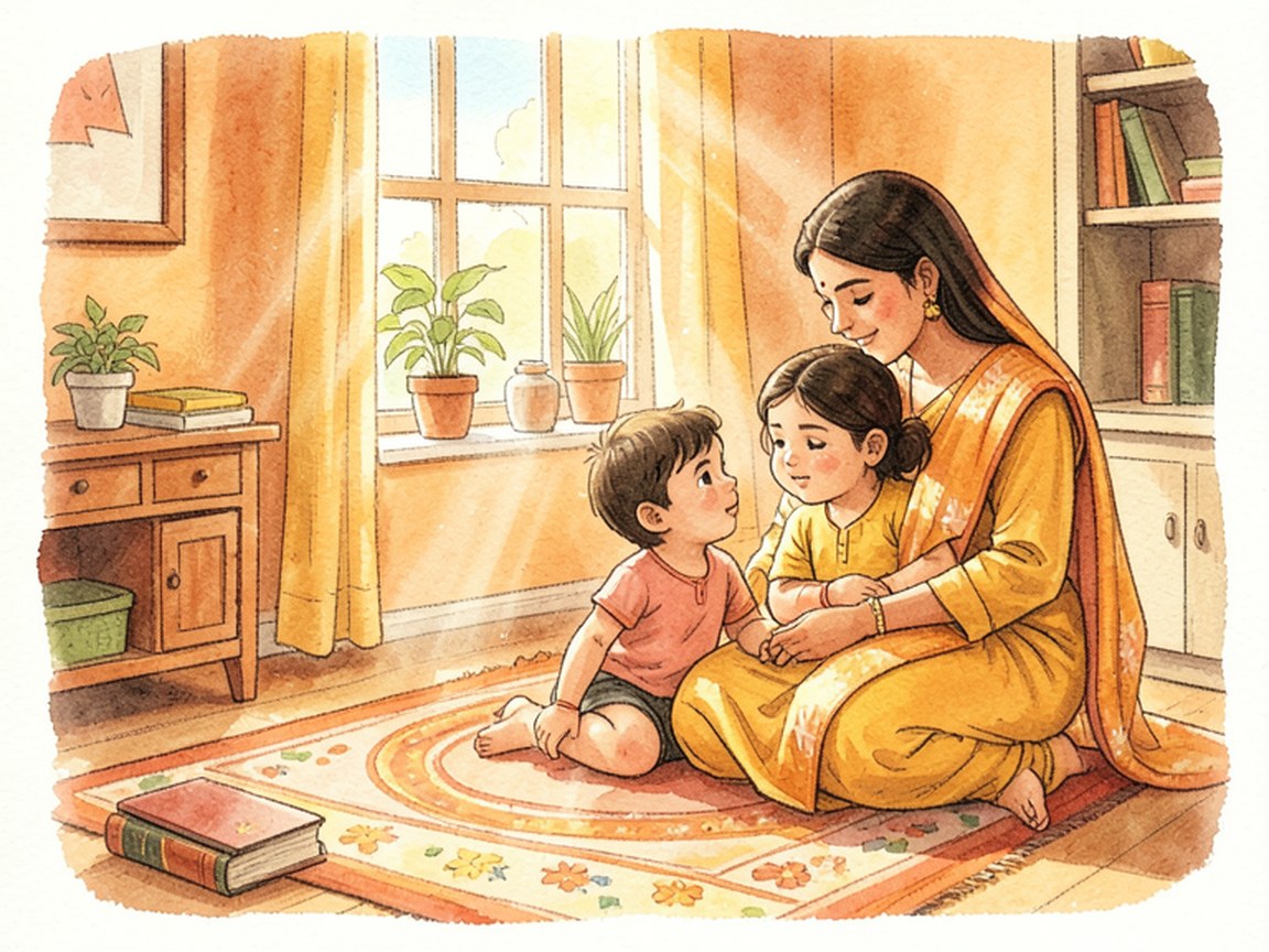 A mother pausing at a sunlit kitchen counter with a cup of tea while the quiet house waits around her.