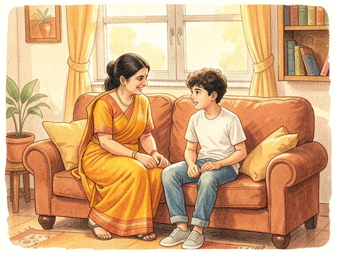 A parent sitting at a kitchen table in the evening, looking toward a teenager who sits nearby with their back half-turned away.