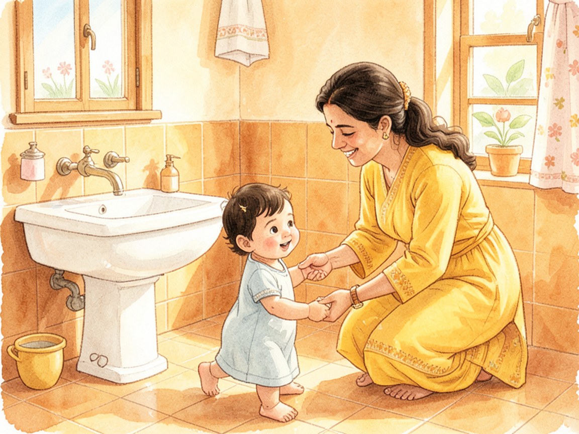 A parent kneeling beside a small child near a bathroom doorway in a warm home.