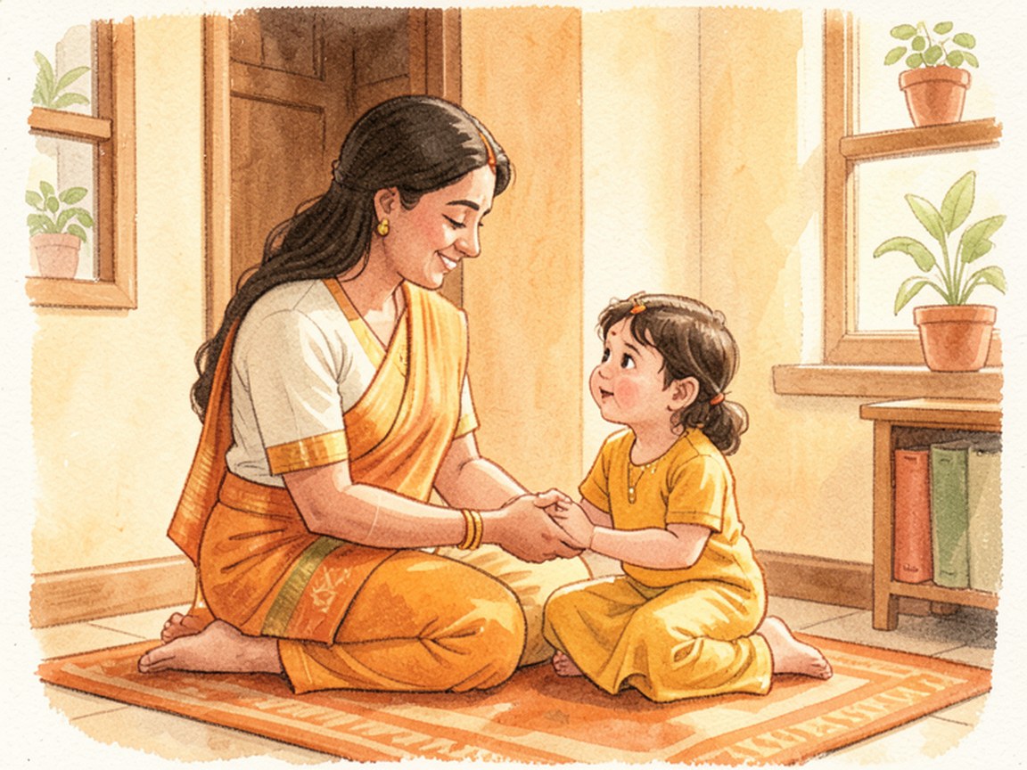 घर में एक माता-पिता और बच्चा, बच्चा बड़े को कोई आम काम करते हुए ग़ौर से देख रहा है।