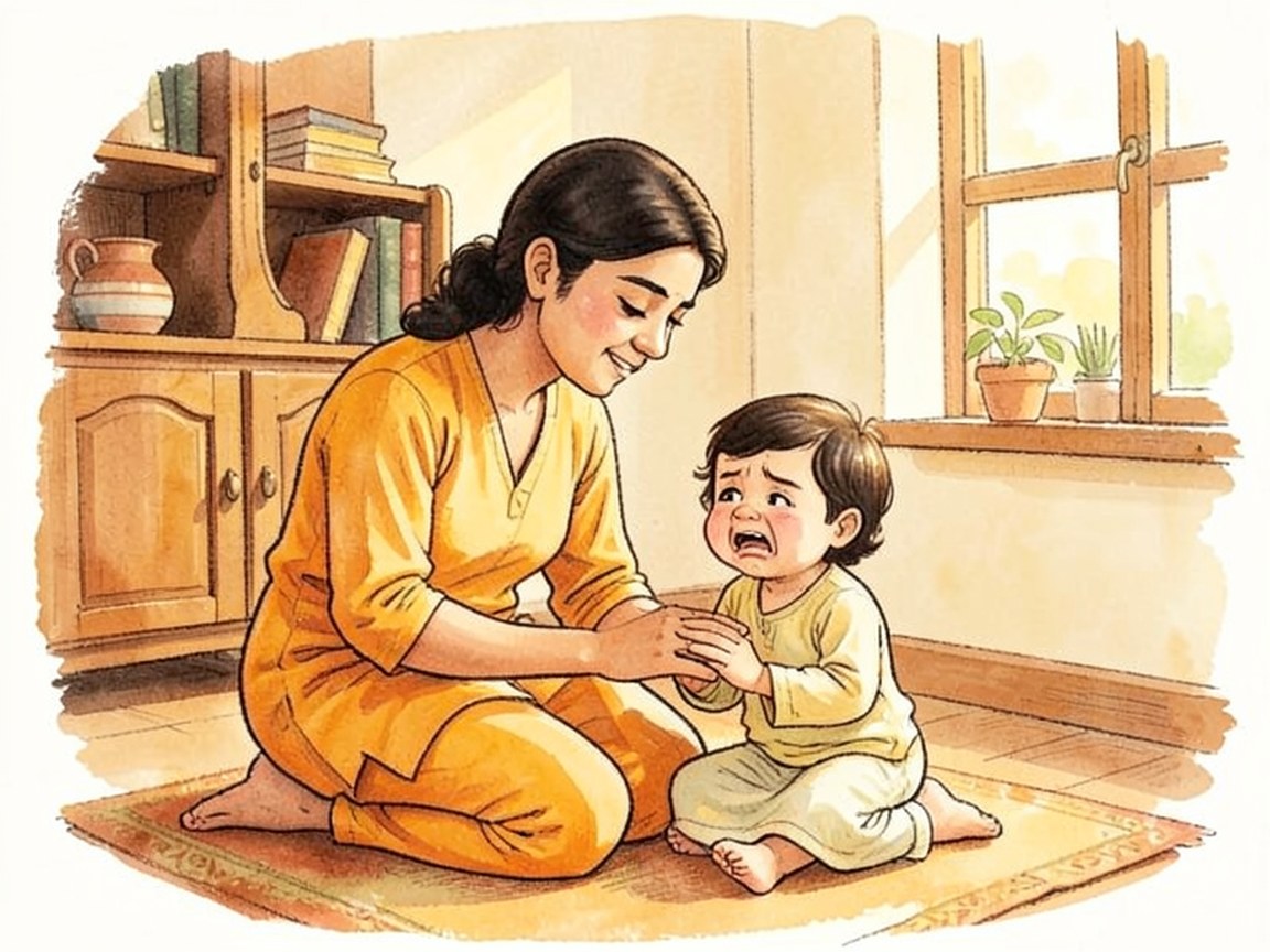 A tired parent at a kitchen counter as a small child tugs at their sleeve, warm evening light through the window.