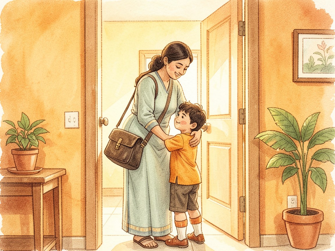 A quiet living room at dusk with warm light falling through an open doorway onto a child's toys on the floor.