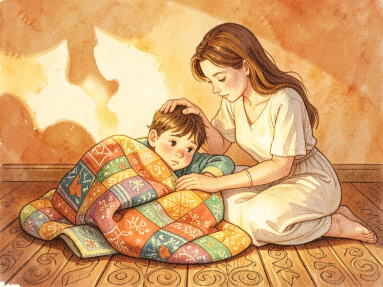 A child in bed with a caregiver seated at the bedside.