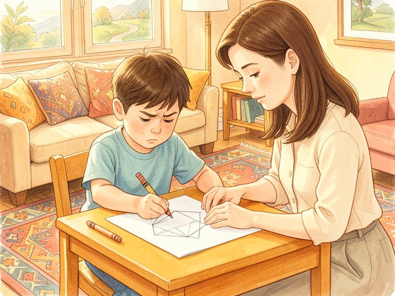 A child bent over homework at a desk.