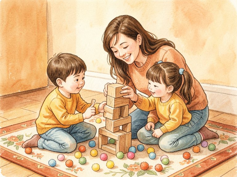 A figure standing between a bag on one side and a child on the other.