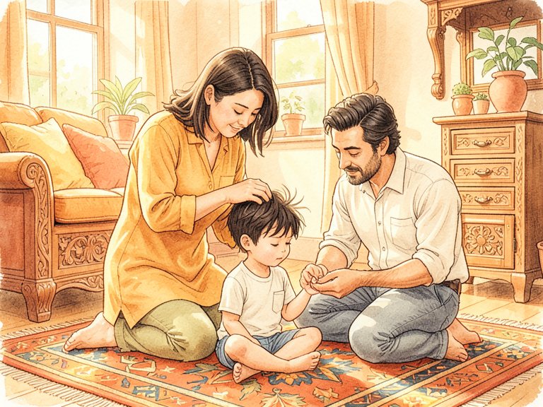 A parent with the same instruction repeated in bubbles that fade out.